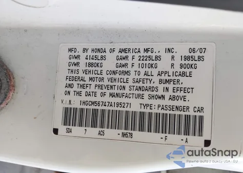 2007 Honda Accord 2.4 Ex from USA, damaged, VIN 1HGCM56747A195271